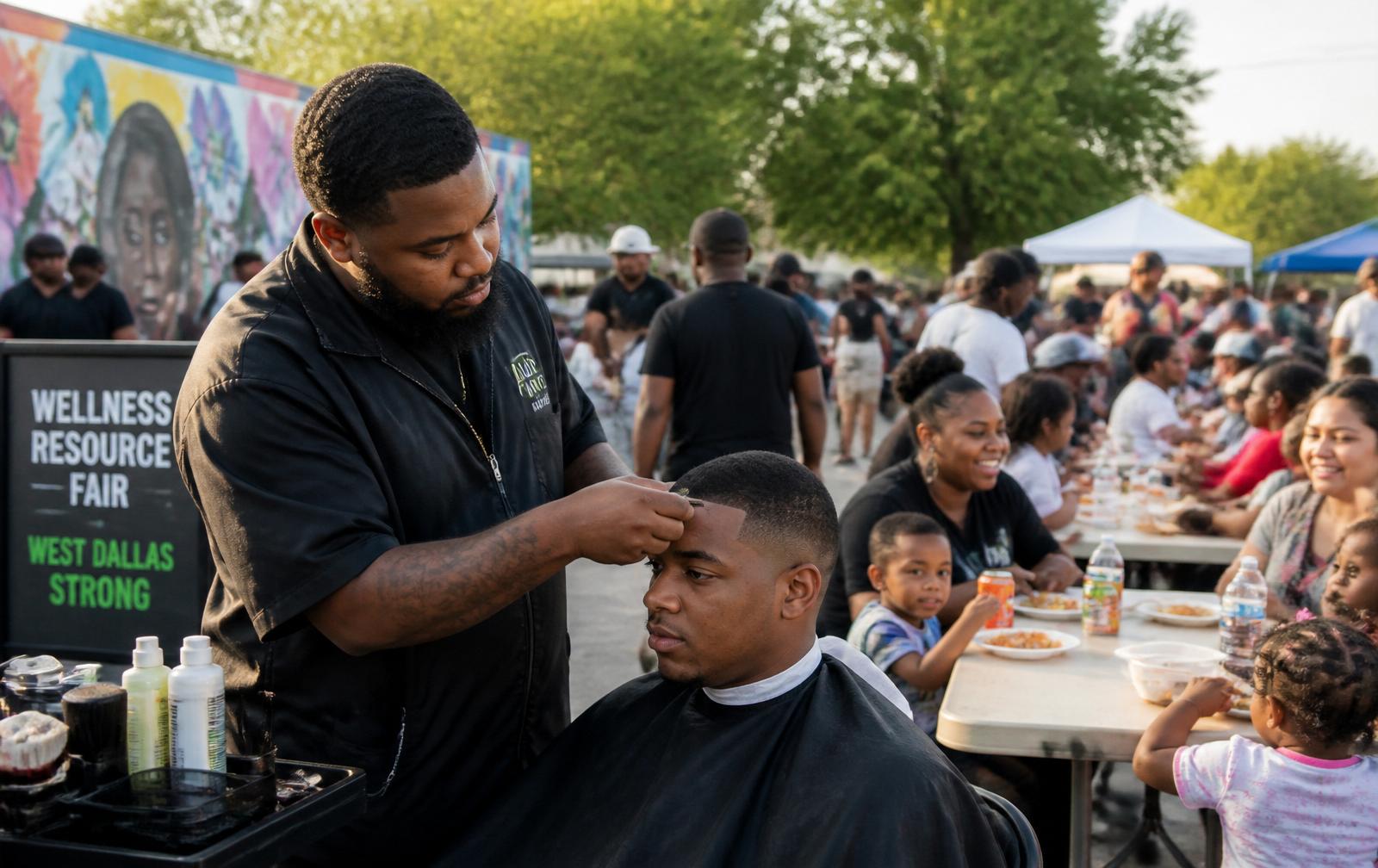 Black barber giving a fresh fade at a West Dallas community wellness festival with Black and Latino families sharing a meal
