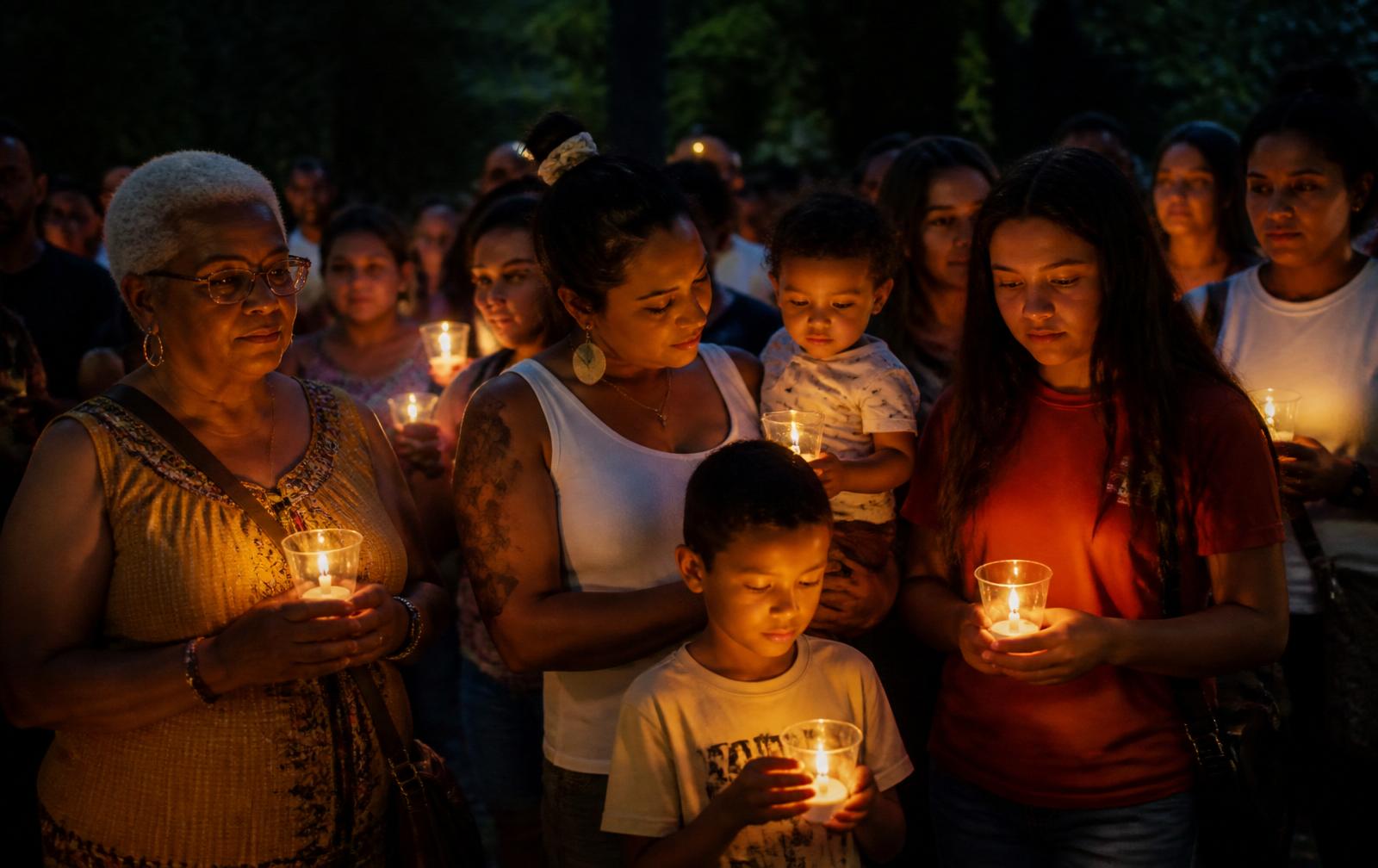 Multi-generational Black and Latino families holding candles at a community vigil